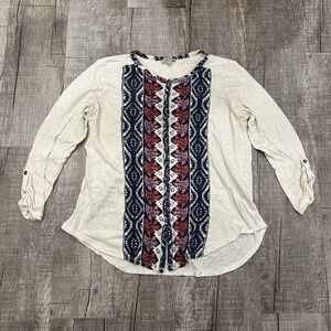 Lucky Brand Womens L Boho Top Long Sleeve‎ Cream Red Blue Hi Lo Relaxed Tab